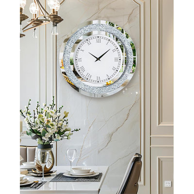 24 Inch Crushed Diamond Wall Clock With Silver Beveled Mirror Frame, Modern Art Deco Round Decorative Clock For Living Room, Dining Room, Or Hallway, 60Cm Diameter