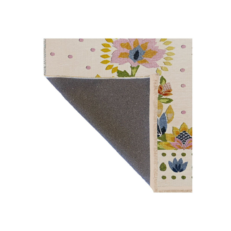 Tapis décoratif lavable à la machine à motif floral traditionnel beige multicolore, Tapis de couloir 4 pi 11 po x 9 pi 10 po