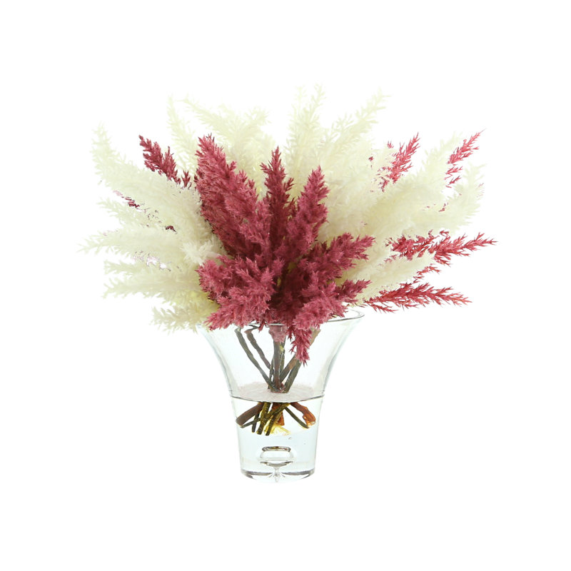 Pampas & Magnolia Leaf in Glass Pot with Rock, 14" H x 15" W x 15" D, Cream