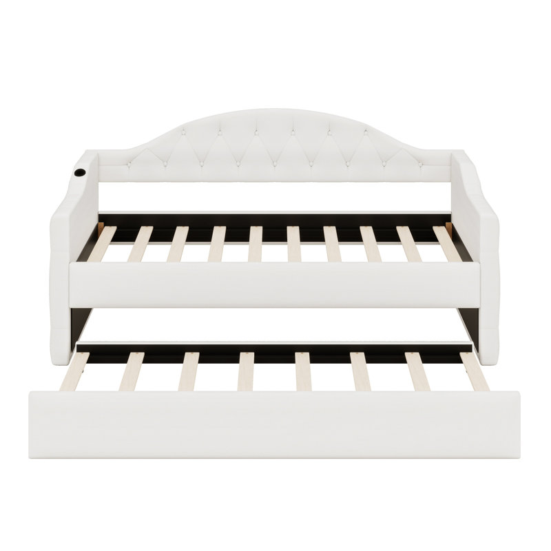 Modern Tufted Upholstered Daybed, Velvet Sofabed with Trundle, Beige
