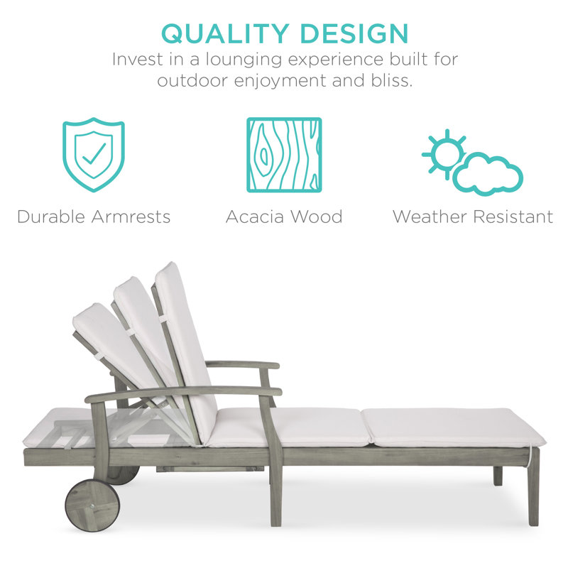79X26in Acacia Wood Outdoor Chaise Lounge Chair W/ Adjustable Backrest, Table, Wheels, White, Gray