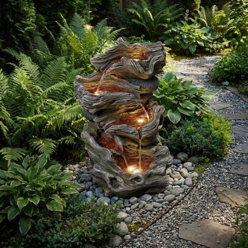 Fontaine d'extérieur en bois flottant naturel avec lumières DEL et pompe certifiée ETL - Cascade de jardin à plusieurs niveaux