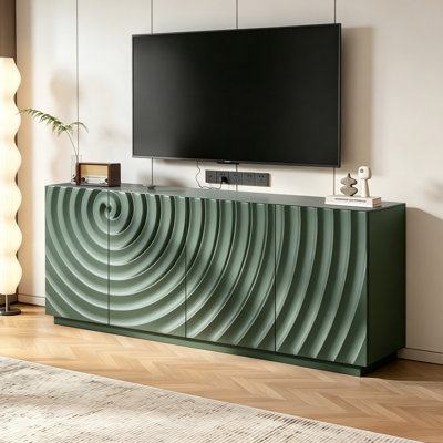 Buffet/meuble télé moderne de 150 cm (59 po) avec texture ondulée 3D, meuble de rangement à 4 portes et étagères réglables.