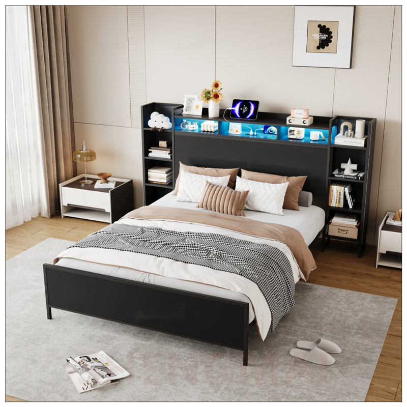 Structure de lit plateforme simple en métal avec charge USB, tête de lit avec rangement et lumières DEL, aucun sommier requis