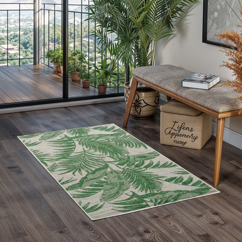 Green Modern Outdoor Rug, Nature Print Stain Resistant Easy to Clean Rug For Patio, Balcony, Decks & Garden