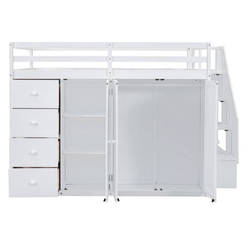 Lit mezzanine en bois Kayilan avec placards et tiroirs intégrés, Blanc