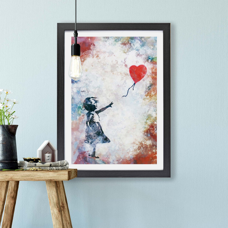 The Girl With A Red Balloon - Single Picture Frame Painting, 62cm H x 87cm W x 2cm D, Black