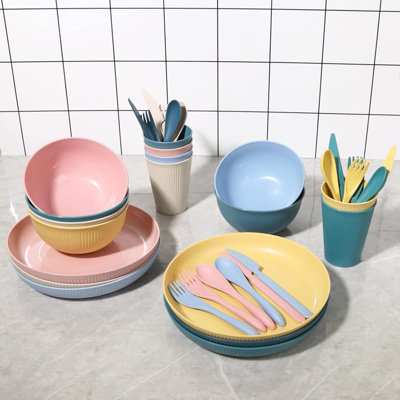 36 Piece Unbreakable Dinnerware Sets For 6, Wheat Straw Plates And Bowls Set