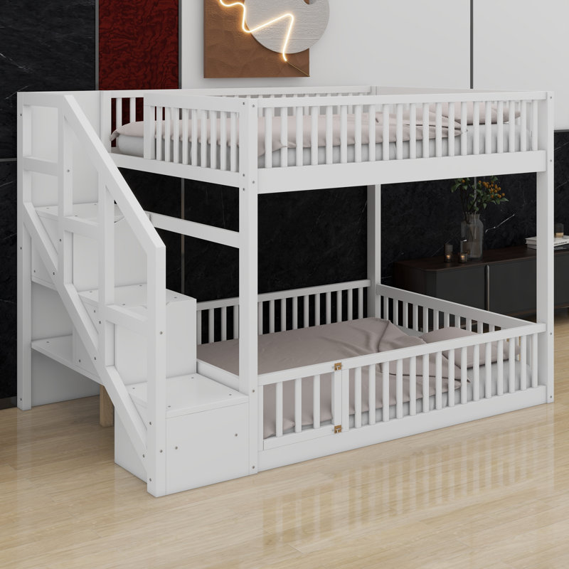 Lit superposé compact au sol avec escalier de rangement, Blanc