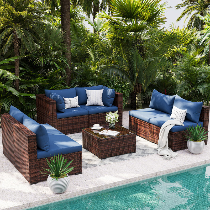 Ensemble de conversation modulaire en rotin 7 pièces avec coussins Bhairavi, Bleu marine