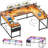 U Shaped Desk, Gaming Desk With Monitor Stand And LED Lights, Reversible Shaped Large Computer Desk With Power Outlets, Office Desk With Storage Bag And Hooks-1931600905