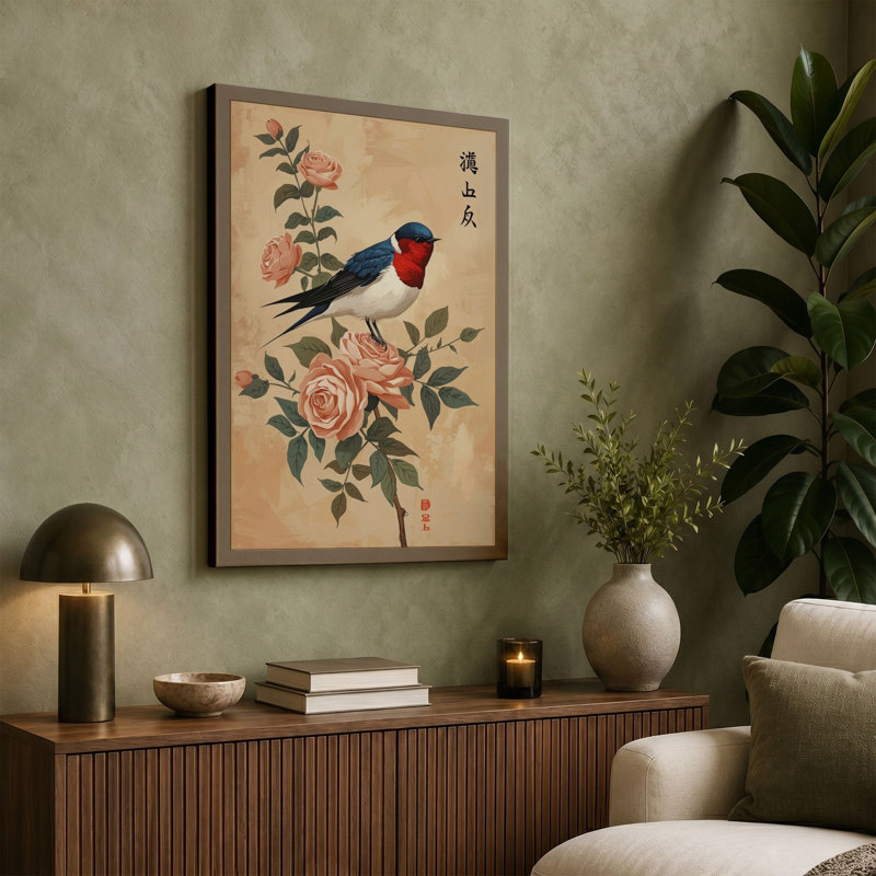 Robin Among Roses Japandi - Wrapped Canvas, 24x16 - 61.0 x 40.6 cm, Teal Border