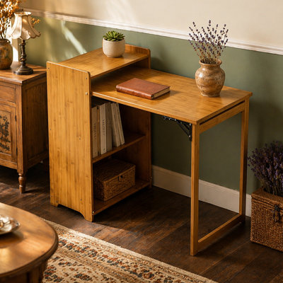 Bureau pliant en bambou, bureau pliable pour les petits espaces, bureau d'ordinateur avec rangement caché, table pliable Mid-Century pour le bureau personnel et la chambre à coucher (brun)