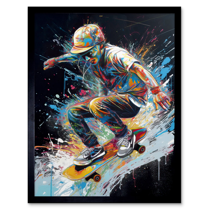 Lunamia Skateboarder Skating Multicoloured Splat - Single Picture Frame Print