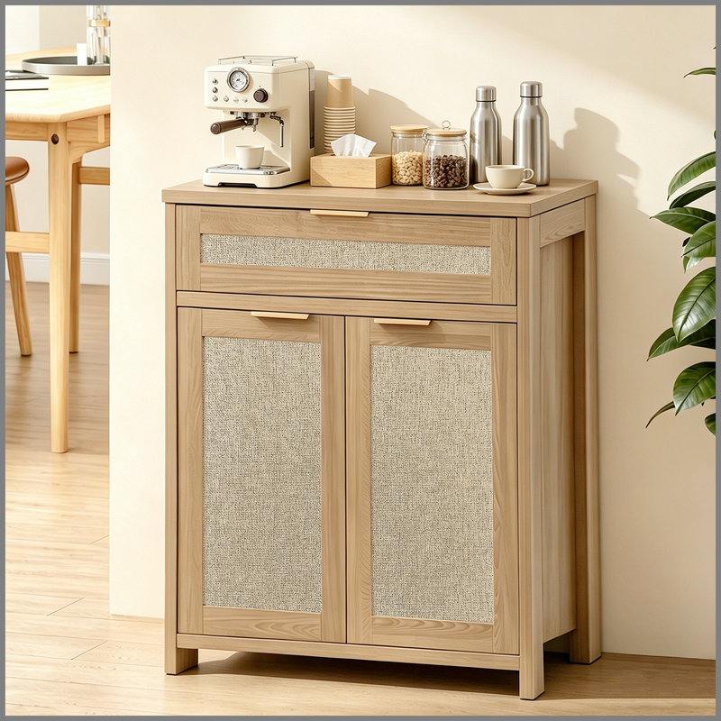 Buffet en rotin, armoire de rangement Farmhouse avec tablette réglable, armoire de cuisine avec tiroir Boho pour la salle à manger, la cuisine, le vestibule, le salon, le bois