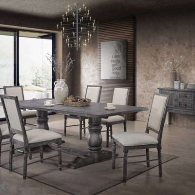Ensemble de salle à manger 7 pièces avec table à tréteaux rectangulaire et chaises rembourrées en lin crème Leventis