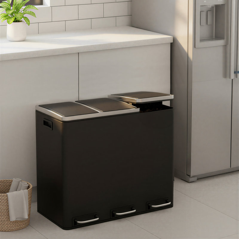 Steel Step On Multi-Compartment Rubbish & Recycling Bin - 54L