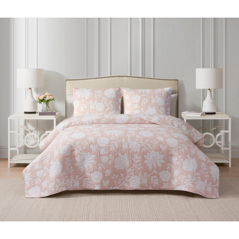  CEDAR COURT Rosewood Estate Pink Soft Woven Matelasse Jacquard Cotton Blend Quilt Set, King Quilt + 2 King Shams