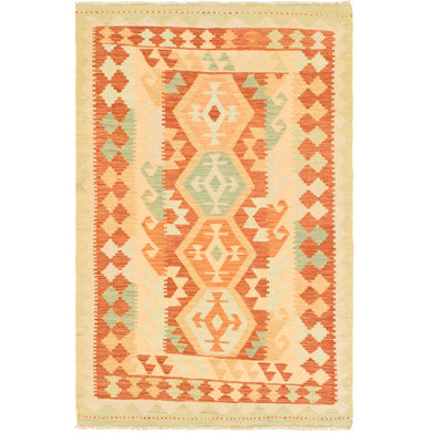 Tapis en laine beige/rouge 3 pi 4 po x 5 pi 2 po one-of-kind à la main noué la new age Elland