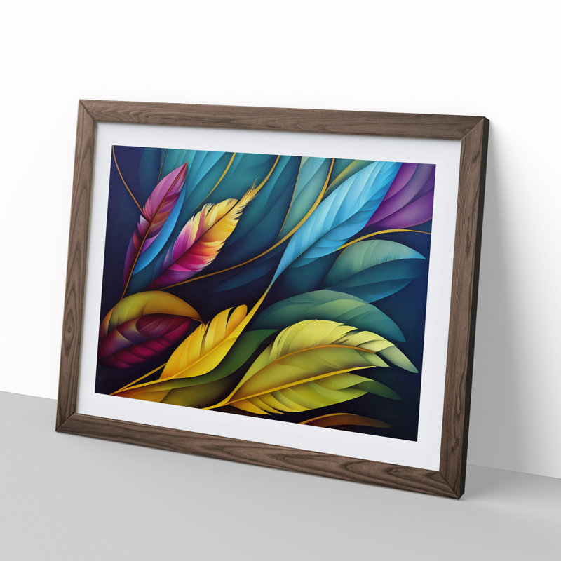 Colourful Bird Feathers Vol.4 - Framed Print, 25cm H x 34cm W x 2cm D, Walnut