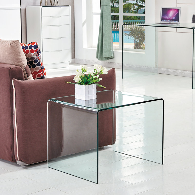 Transparent End Table,Tempered Clear Bent Glass SideTable