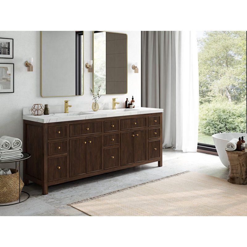 Sonoma 84" Dark Walnut Teak Double Sink Vanity with Pearl Gray Quartz Top