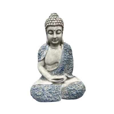 Weatherproof Resin Buddha Garden Statue, Blue Floral Accent Meditating Buddha Figurine, Outdoor Zen Decor for Patio, Yard, Lawn & Landscape