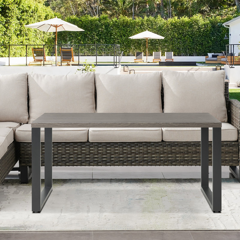 Nazime 52" Wide Rust-Resistant Powder-Coated Steel Outdoor Coffee Table with Wood-Grain Tabletop & Adjustable Leveling Legs