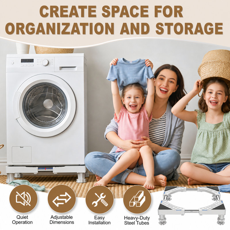 Adjustable Refrigerator Stand with Round Tube Frame, Elevated Appliance Base with Protective Pads