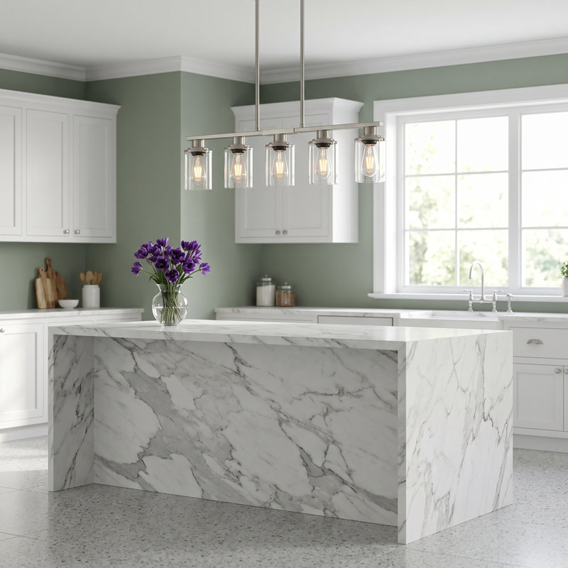 Lustre linéaire de style ferme à 5 lumières en nickel de 37 pouces pour îlot de cuisine, avec abat-jour en verre, Nickel