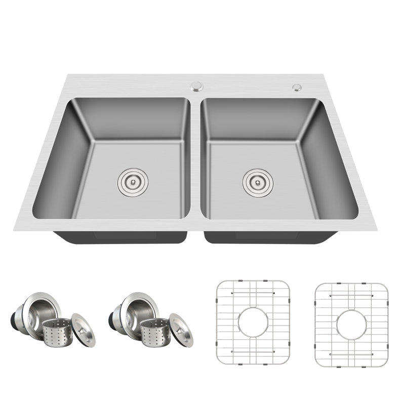 Blenzia 33 Inch Double Bowl Drop In Kitchen Sink 33x22 Topmount 16 Gauge Stainless Steel Commercial Grade Satin Finish Sinks With Strainer & Grid 33" X 22" X 9"