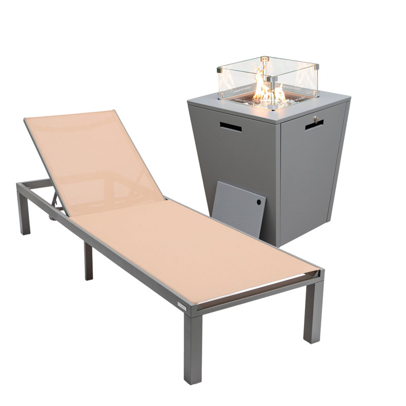 Ensemble de chaises longues d'extérieur en métal avec table, Brun clair, gris