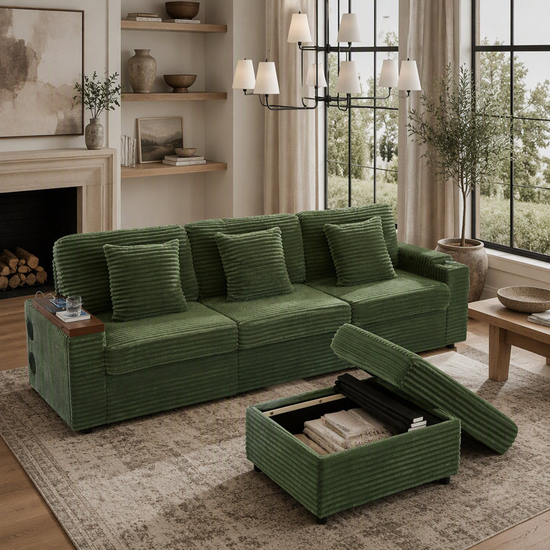 Oversized Modular Sectional Couch with USB Cup Holders Storage and Bluetooth Speaker, Green Corduroy