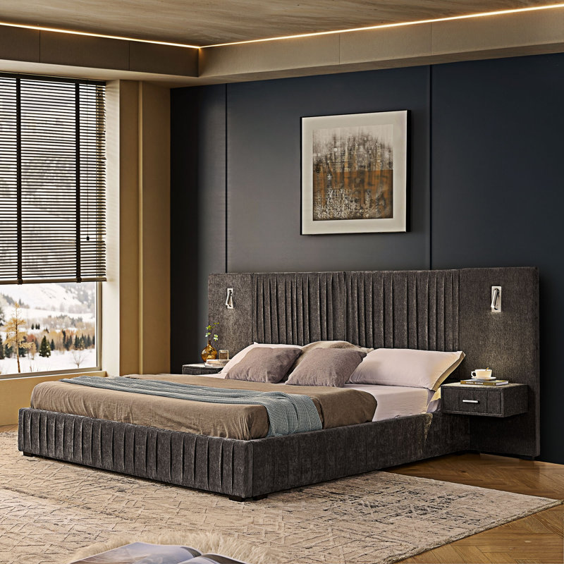 Lit plateforme tapissier avec tête de lit et table de chevet assortie, Très grand lit, Gris foncé