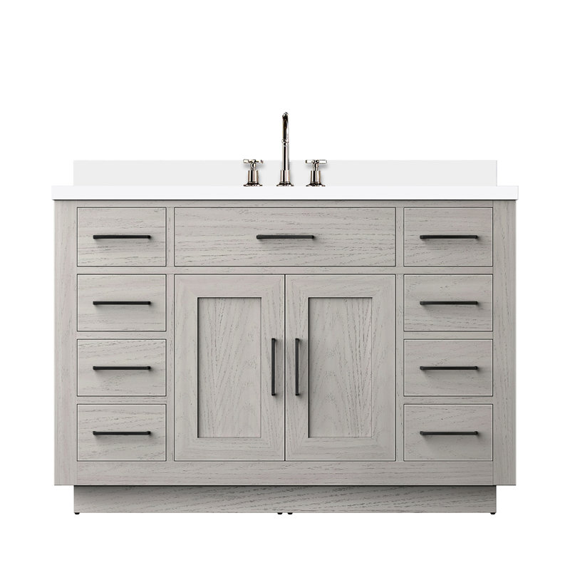 Meuble-lavabo simple en chêne blanc, 48 po Largeur, profondeur 22 po, plateau en marbre de culture, robinet, structure en bois massif l x P chêne avec robinet et fonction de fermeture en douceur