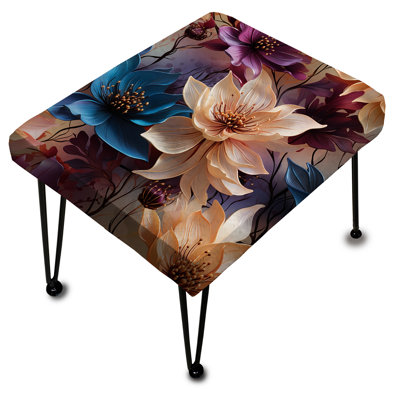 Blue And Beige Metallic Lotus - Floral Rectangle Ottoman