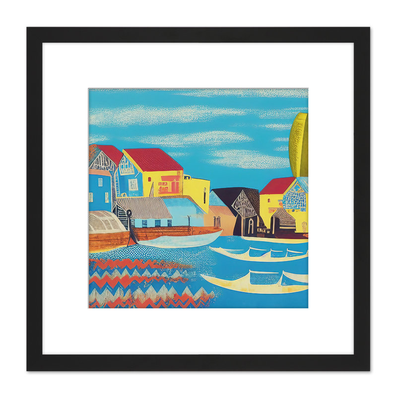 Contemporary Folk Fishing Harbour Village - Single Picture Frame Painting