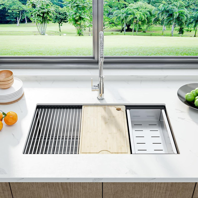 33" Undermount Kitchen Sink, 16-Gauge 304 Stainless Steel, Single Bowl with Integrated Ledge, Modern Kitchen