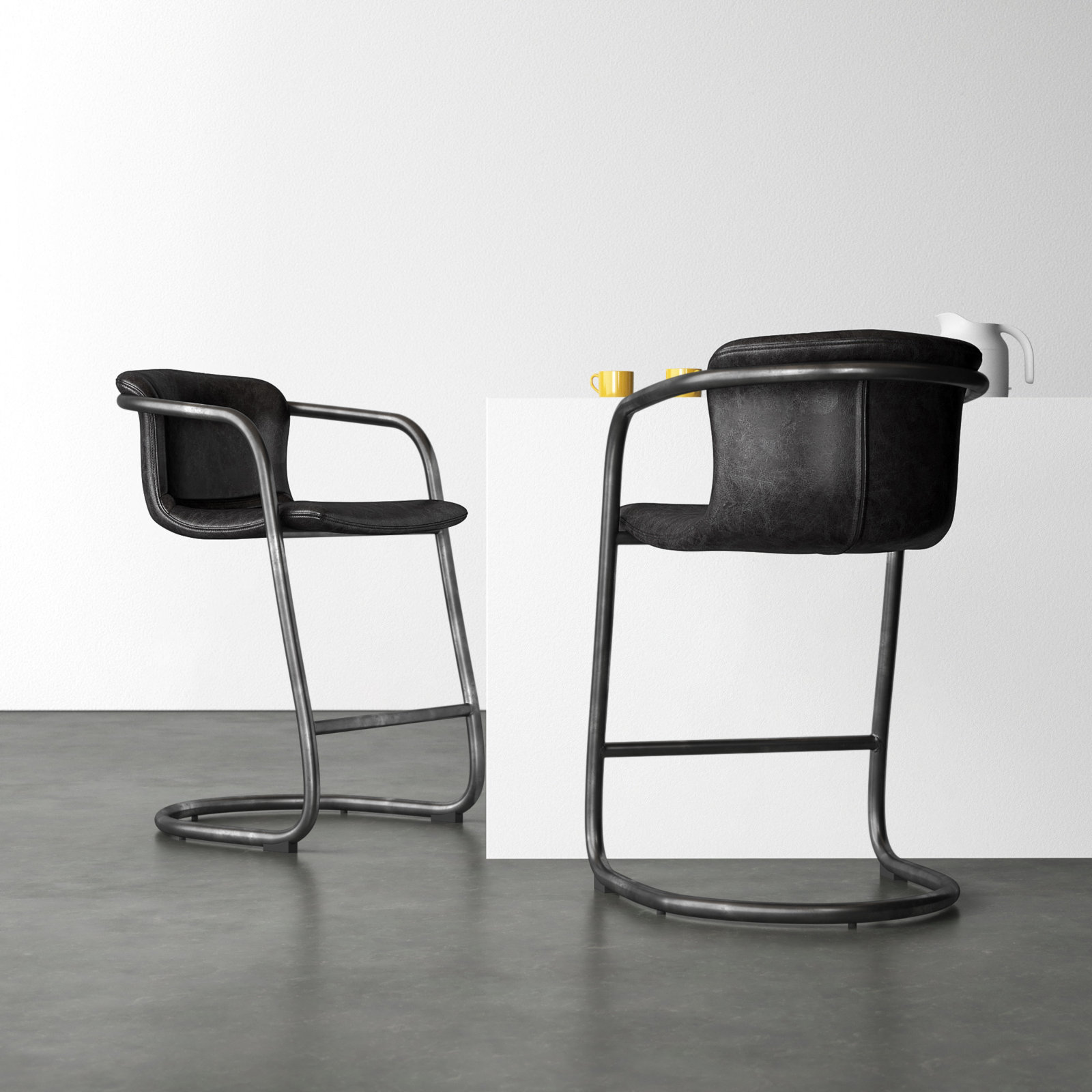 Higbee Genuine Leather Bar Stool, Counter Stool (25" Seat Height), Black Genuine Leather