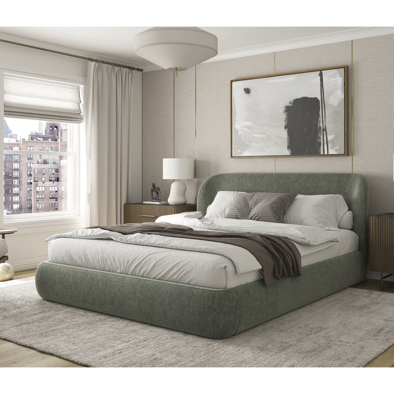 Modern Upholstered Platform Bed with Wingback Headboard and Rounded Corners, Low Profile Platform, Cream, King