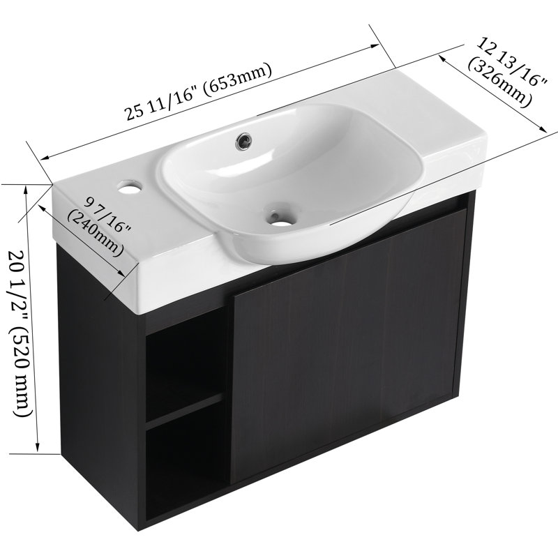 Meuble-lavabo flottant 26 po avec lavabo en céramique blanche et porte à fermeture en douceur, Noir