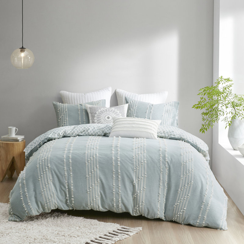 Housse de couette 3 pièces pour lit double / grand, coton avec rayures naturelles et literie lavable à la machine, tissu brodé lavable à l'envers