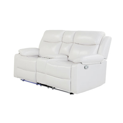 Blanc, lumières à DEL, haut-parleurs, inclinaison manuelle, console avec porte-gobelets, accoudoirs coussinés, look contemporain, siège mi-ferme, revêtement en similicuir dans le salon principal style deux, espace