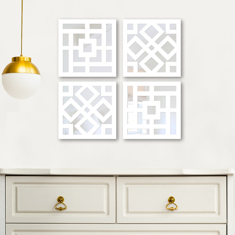 Elegant Mirror Set (4 Pieces), Silver Finish, 7.9 x 7.9 inches | 100% Glass with 0.12 inch MDF Laser Cut Pattern | Easy Wall Hanging Design | Perfect for Home Decor, Living Room & Bedroom Accents