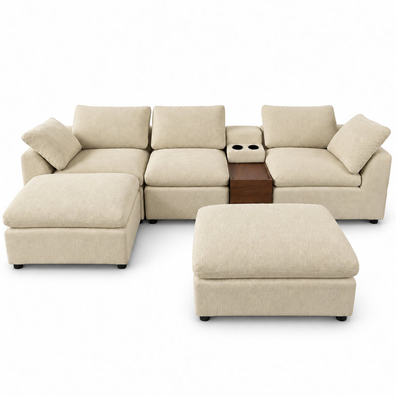Canapé modulaire en U 125,98 po avec console de rangement et porte-gobelets, canapé en chenille 3 places, Chenille noir