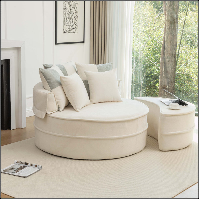 Oversized Round Accent Barrel Chair with 5 Pillows, Beige
