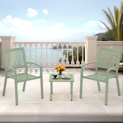 Outdoor Bistro Set 3 Piece Set - Comfortable Metal Patio Chairs And Small Table, Floral Back Design, Waterproof, Uv Resistant For Porch, Balcony, Gard
