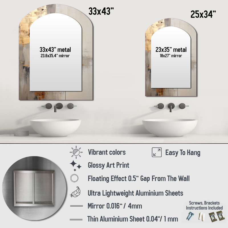 Or et beige Soft Fusion I - grand miroir asymétrique Pier, miroir mural décoratif en arche beige, impression d'art en métal