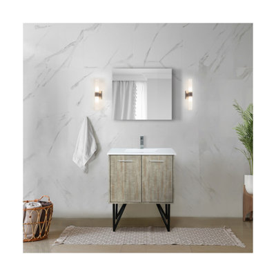 Ensemble de meuble-lavabo rustique en acacia l 30 po x P 20 po, plateau en quartz blanc, robinet chromé et miroir de 28 po
