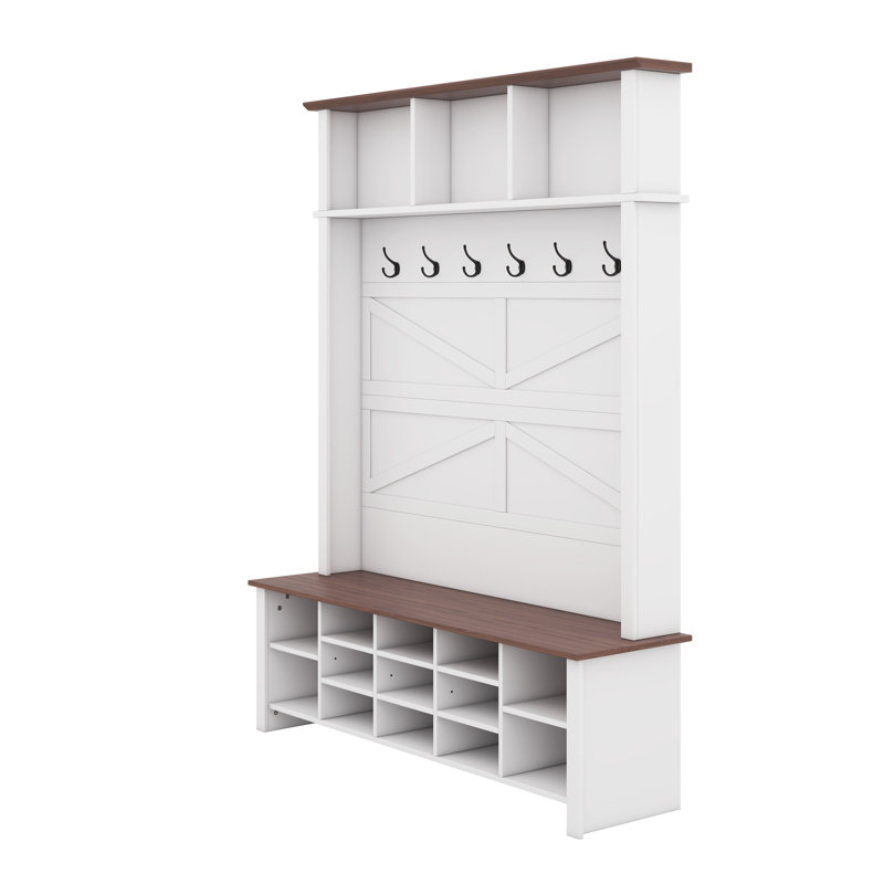 4-In-1 Hall Treewith 6 Hooks And Adjustable Shelves, Versatile Coat Racks, 16 Open Compartments, Entrance Organizer, Entryway Bench